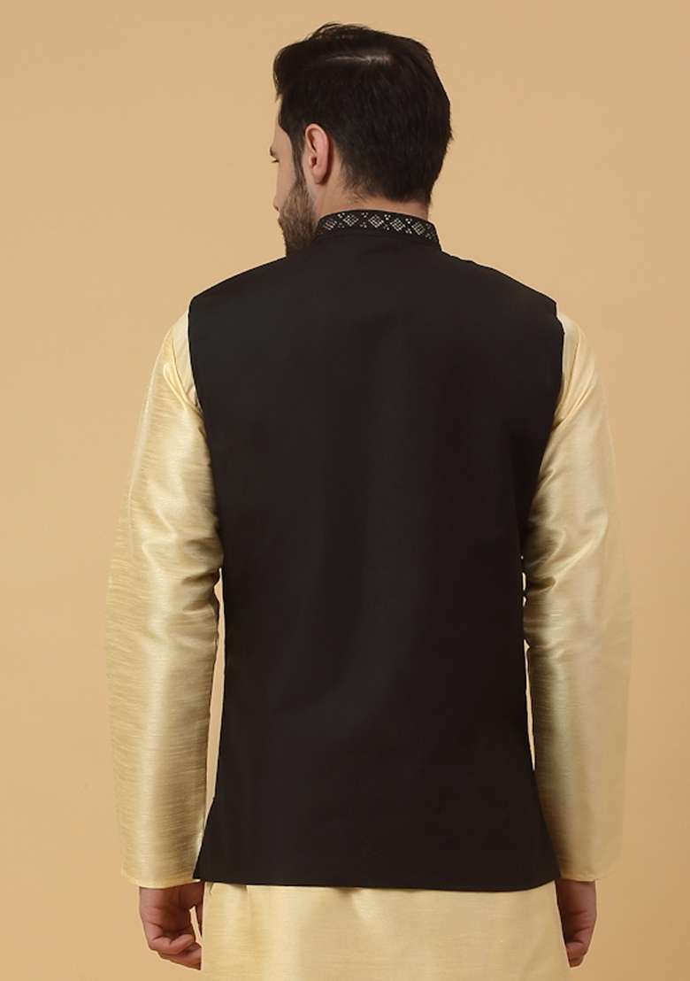 Black Embellished Silk Nehru Jacket For Men - Indya