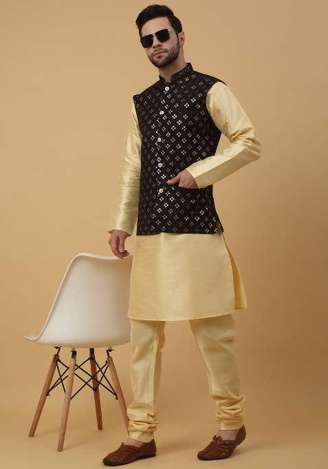 Black Embellished Silk Nehru Jacket For Men