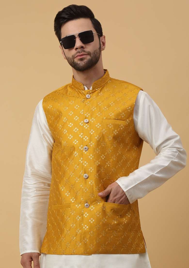 Mustard Embellished Silk Nehru Jacket For Men - Indya