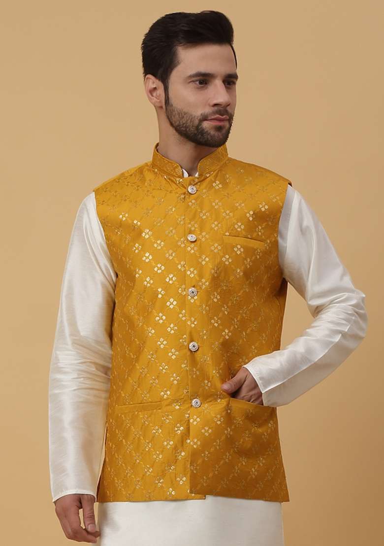 Mustard Embellished Silk Nehru Jacket For Men - Indya