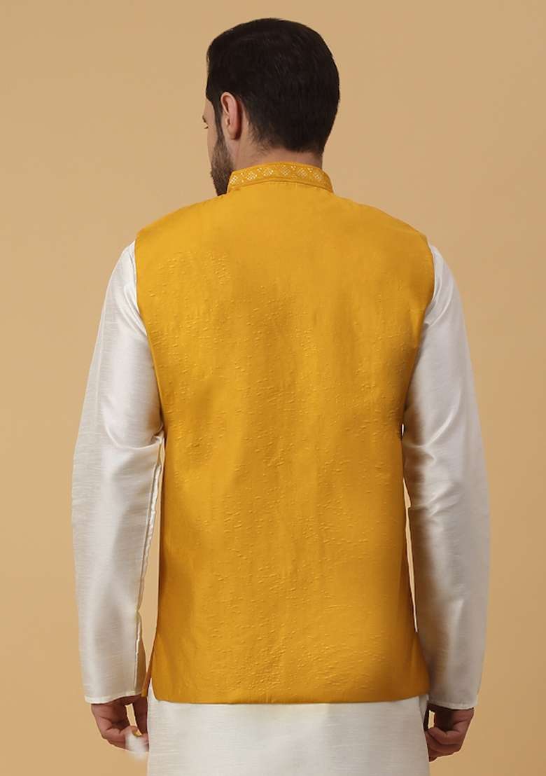Mustard Embellished Silk Nehru Jacket For Men - Indya