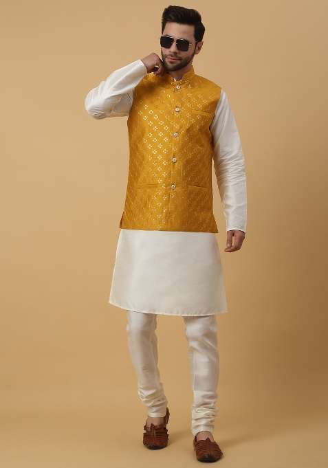 Mustard Embellished Silk Nehru Jacket For Men