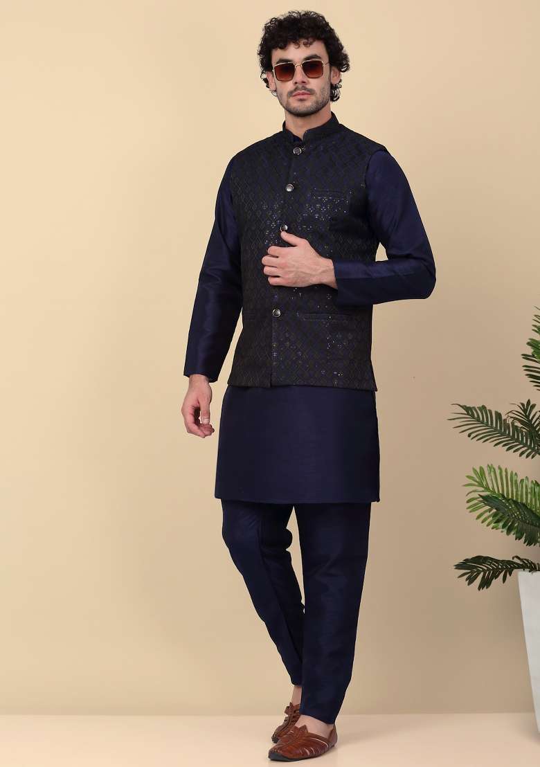 Navy Blue Embroidered Silk Nehru Jacket For Men - Indya
