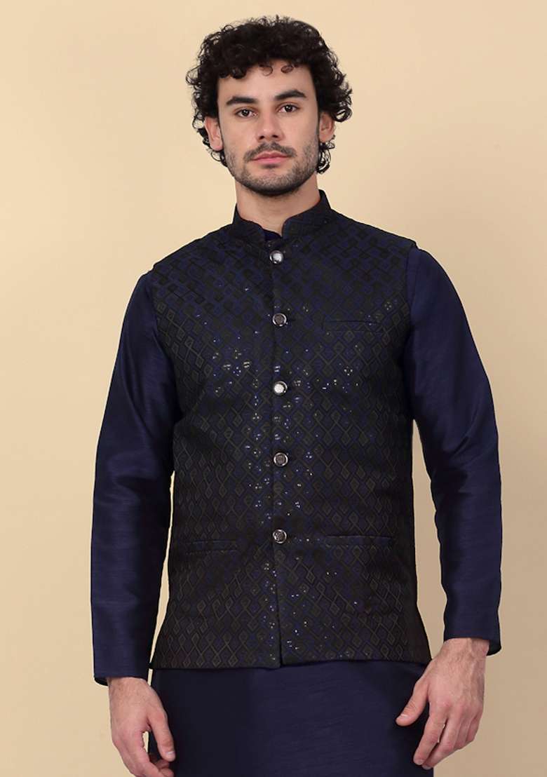 Navy Blue Embroidered Silk Nehru Jacket For Men - Indya
