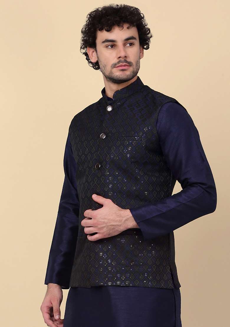 Navy Blue Embroidered Silk Nehru Jacket For Men - Indya