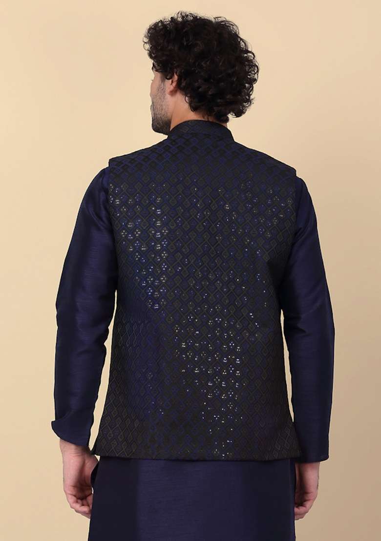 Navy Blue Embroidered Silk Nehru Jacket For Men - Indya