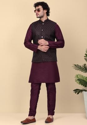 Purple Embroidered Silk Nehru Jacket For Men