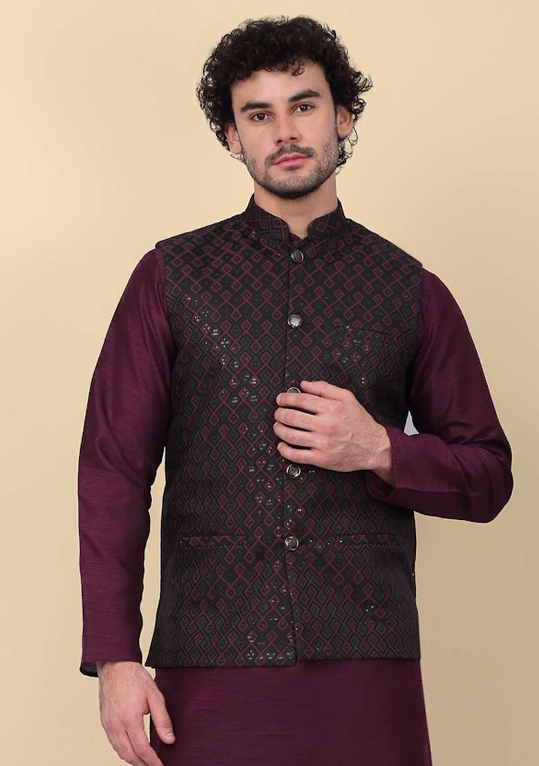 Purple Embroidered Silk Nehru Jacket For Men - Indya