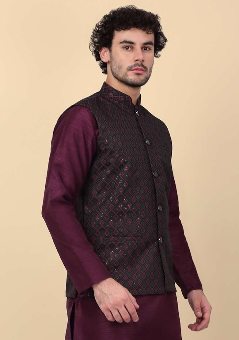 Purple Embroidered Silk Nehru Jacket For Men - Indya