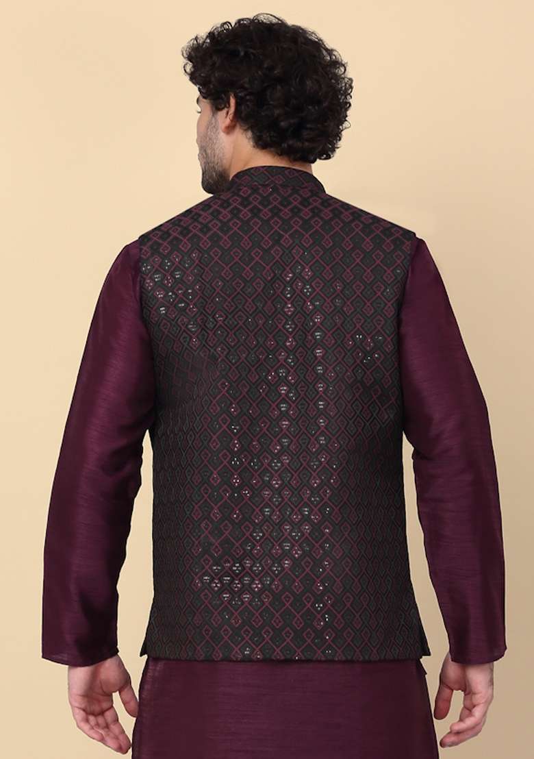 Purple Embroidered Silk Nehru Jacket For Men - Indya