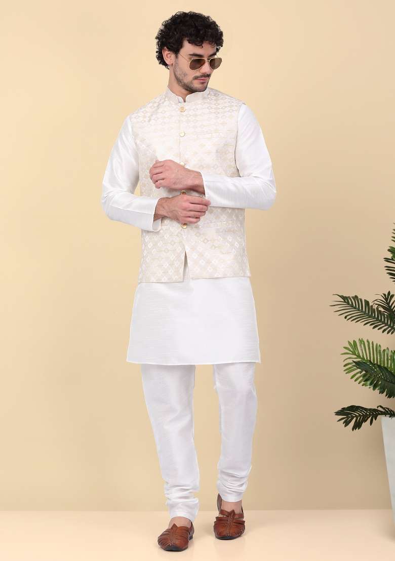 Beige Sequin Embroidered Silk Nehru Jacket For Men - Indya