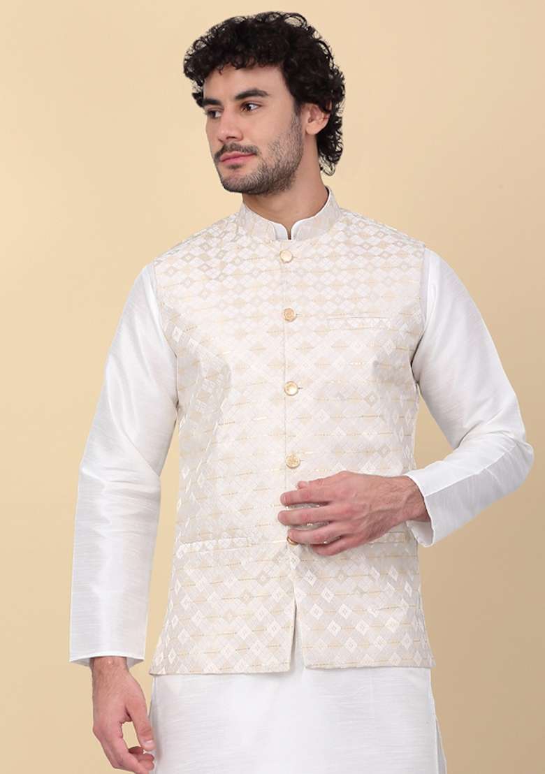 Beige Sequin Embroidered Silk Nehru Jacket For Men - Indya