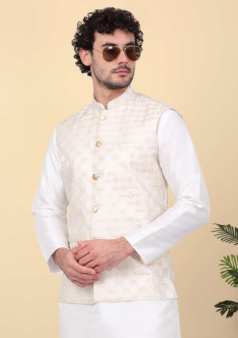 Beige Sequin Embroidered Silk Nehru Jacket For Men - Indya