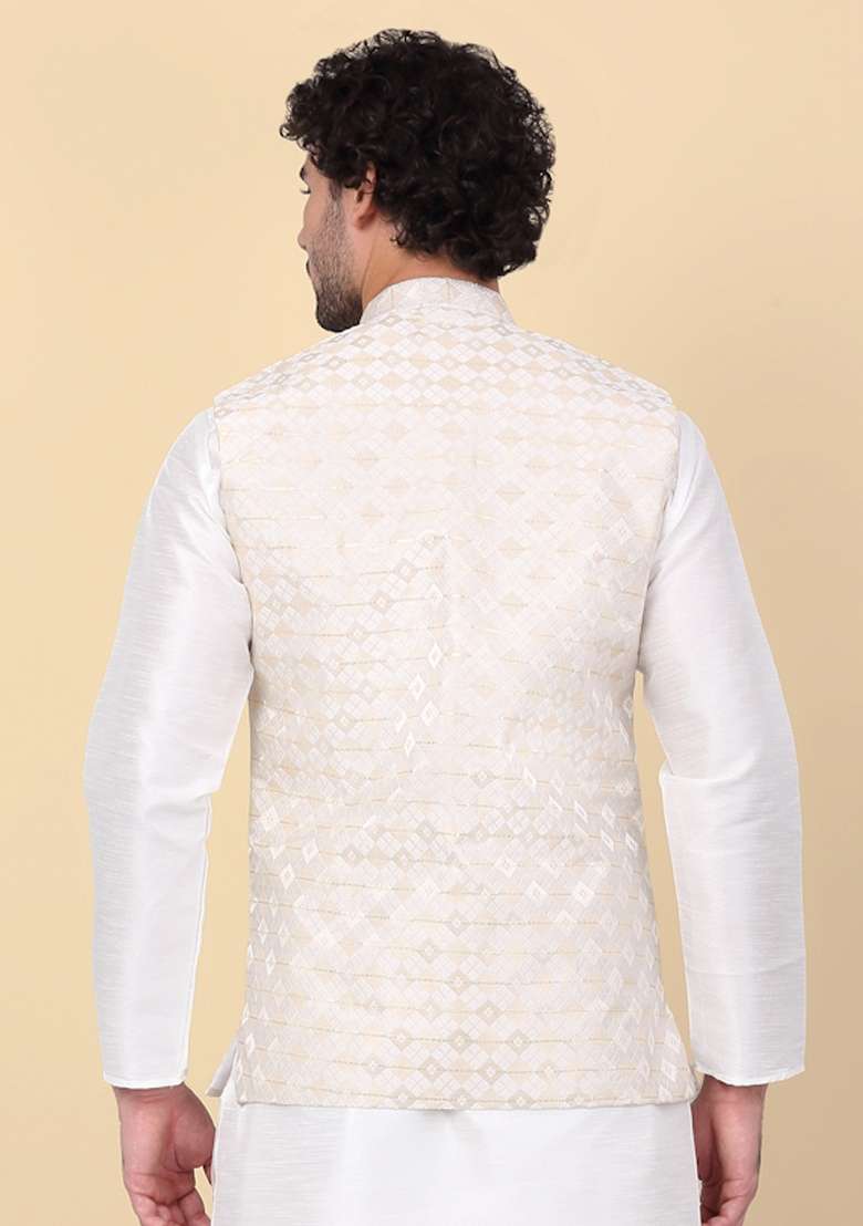 Beige Sequin Embroidered Silk Nehru Jacket For Men - Indya