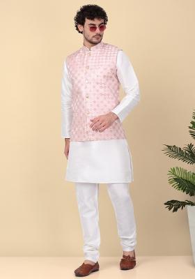 Peach Sequin Embroidered Silk Nehru Jacket For Men