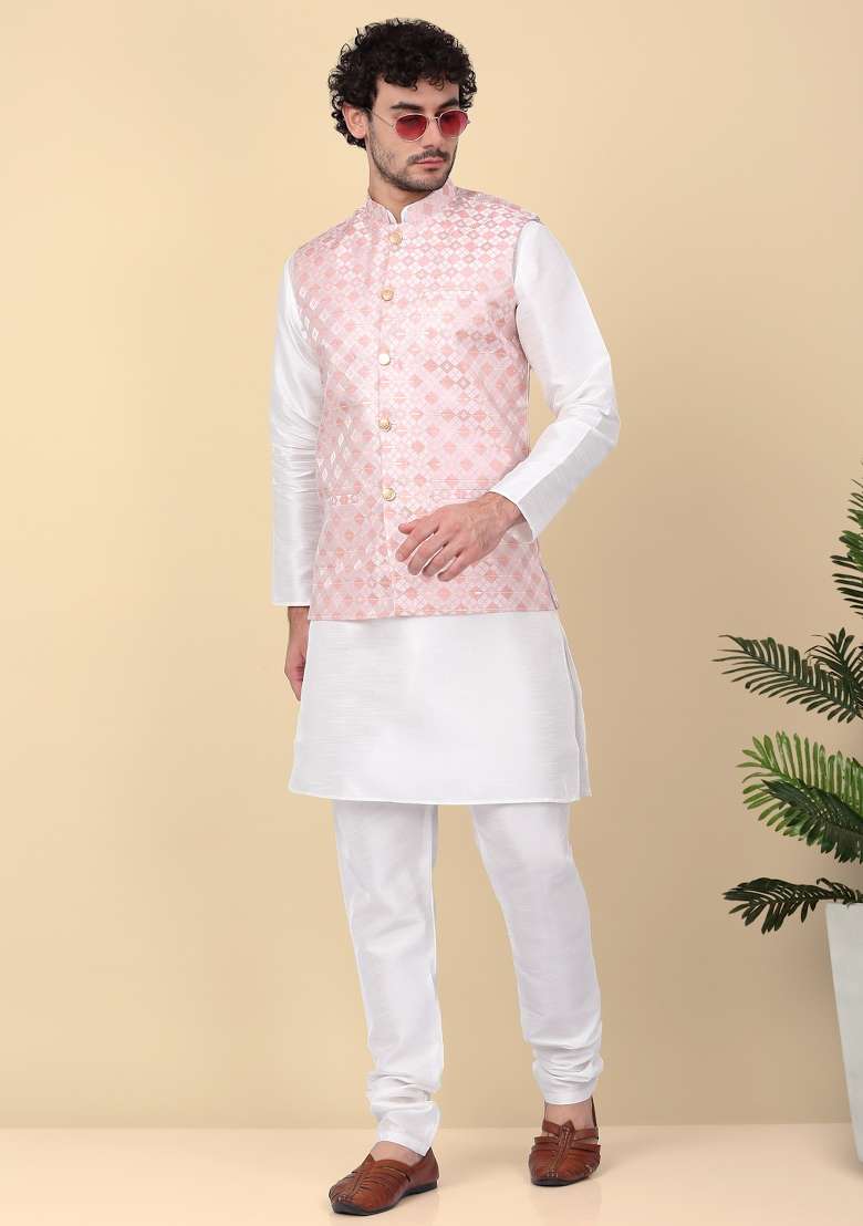 Peach Sequin Embroidered Silk Nehru Jacket For Men - Indya