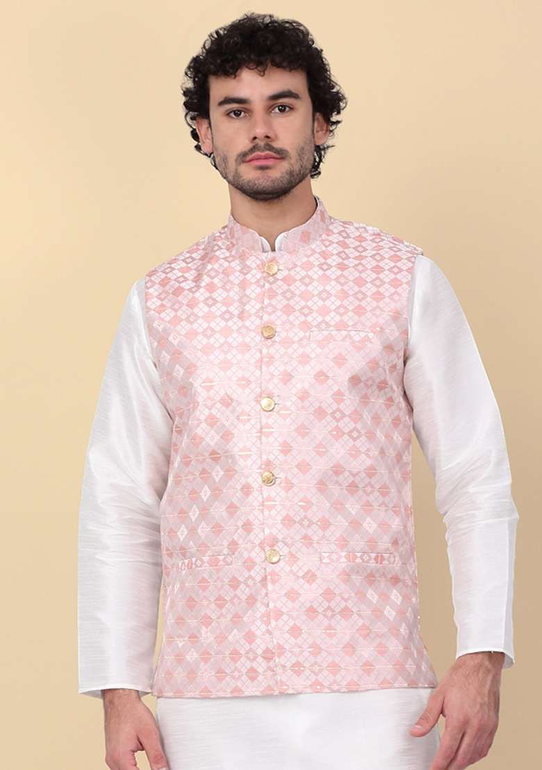 Peach Sequin Embroidered Silk Nehru Jacket For Men - Indya