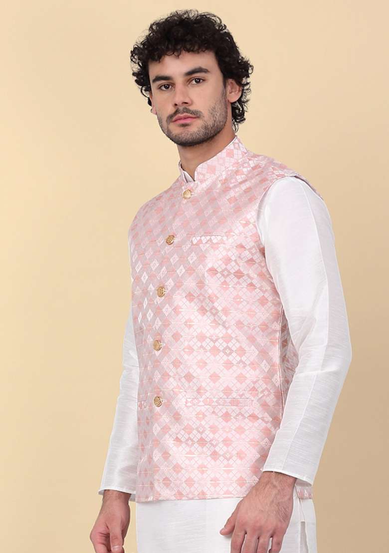 Peach Sequin Embroidered Silk Nehru Jacket For Men - Indya