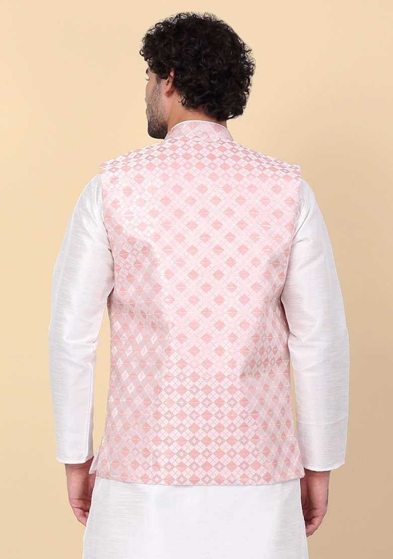 Peach Sequin Embroidered Silk Nehru Jacket For Men - Indya