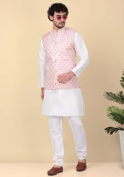 Peach Sequin Embroidered Silk Nehru Jacket For Men