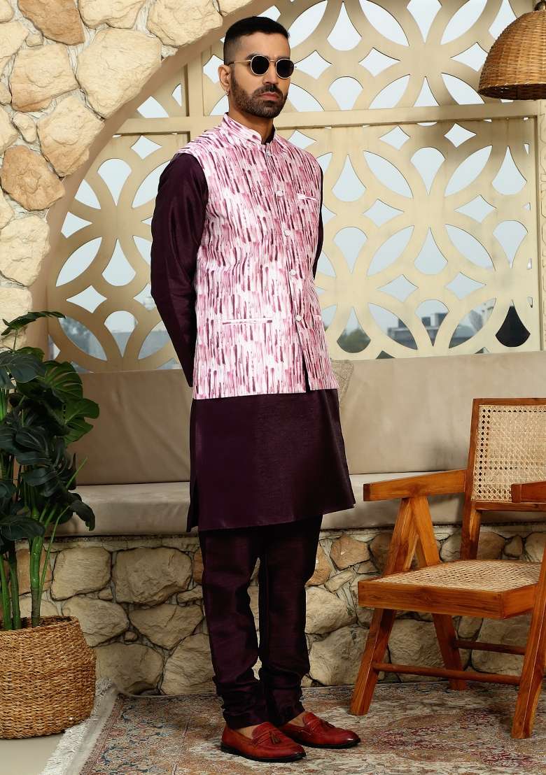 Pink Printed Silk Nehru Jacket For Men - Indya