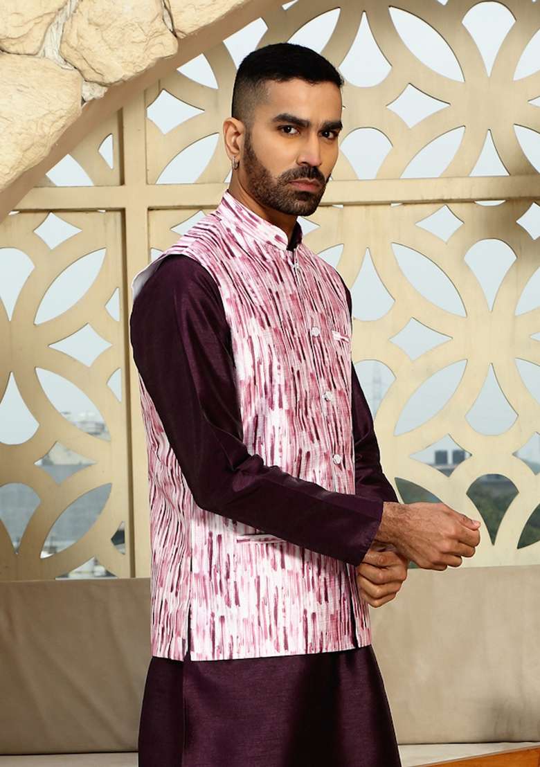Pink Printed Silk Nehru Jacket For Men - Indya