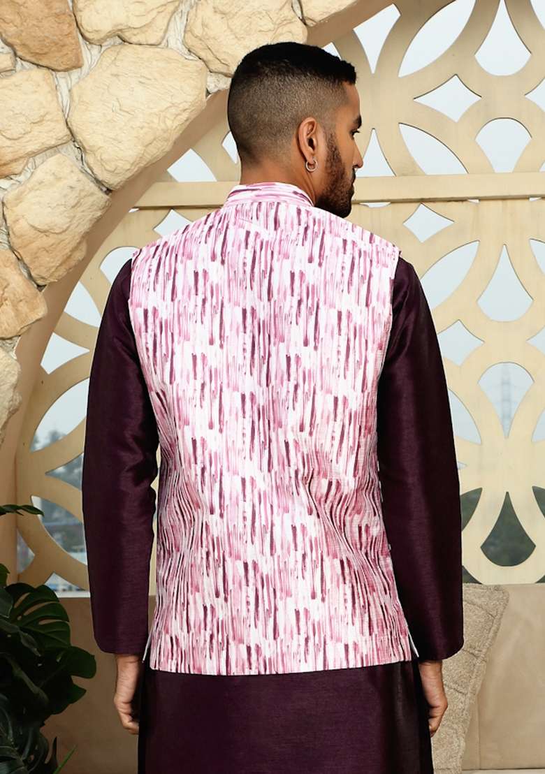 Pink Printed Silk Nehru Jacket For Men - Indya