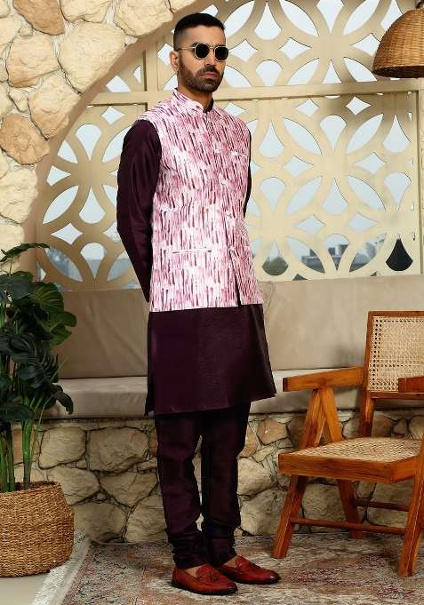Pink Printed Silk Nehru Jacket For Men