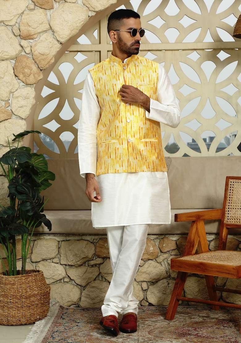 Yellow Printed Silk Nehru Jacket For Men - Indya
