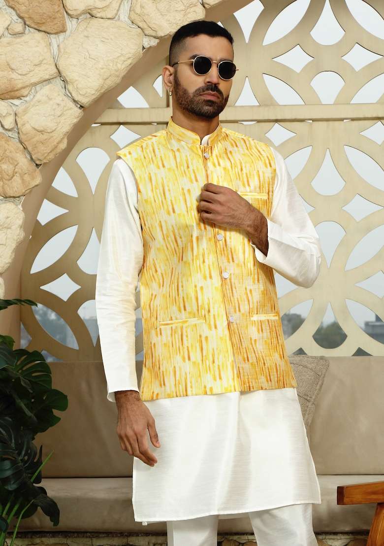Yellow Printed Silk Nehru Jacket For Men - Indya