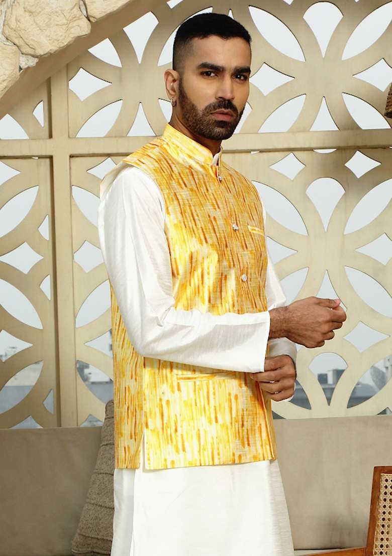 Yellow Printed Silk Nehru Jacket For Men - Indya