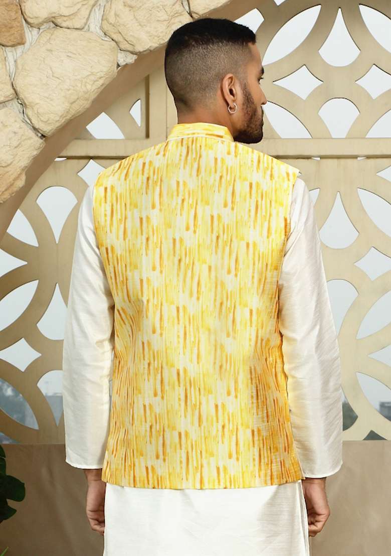 Yellow Printed Silk Nehru Jacket For Men - Indya