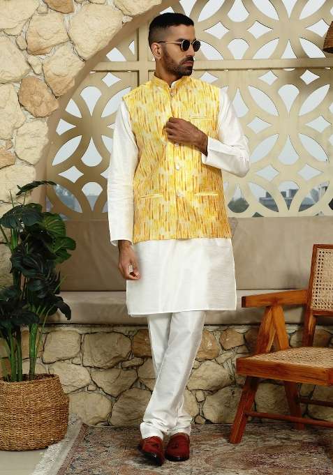 Yellow Printed Silk Nehru Jacket For Men