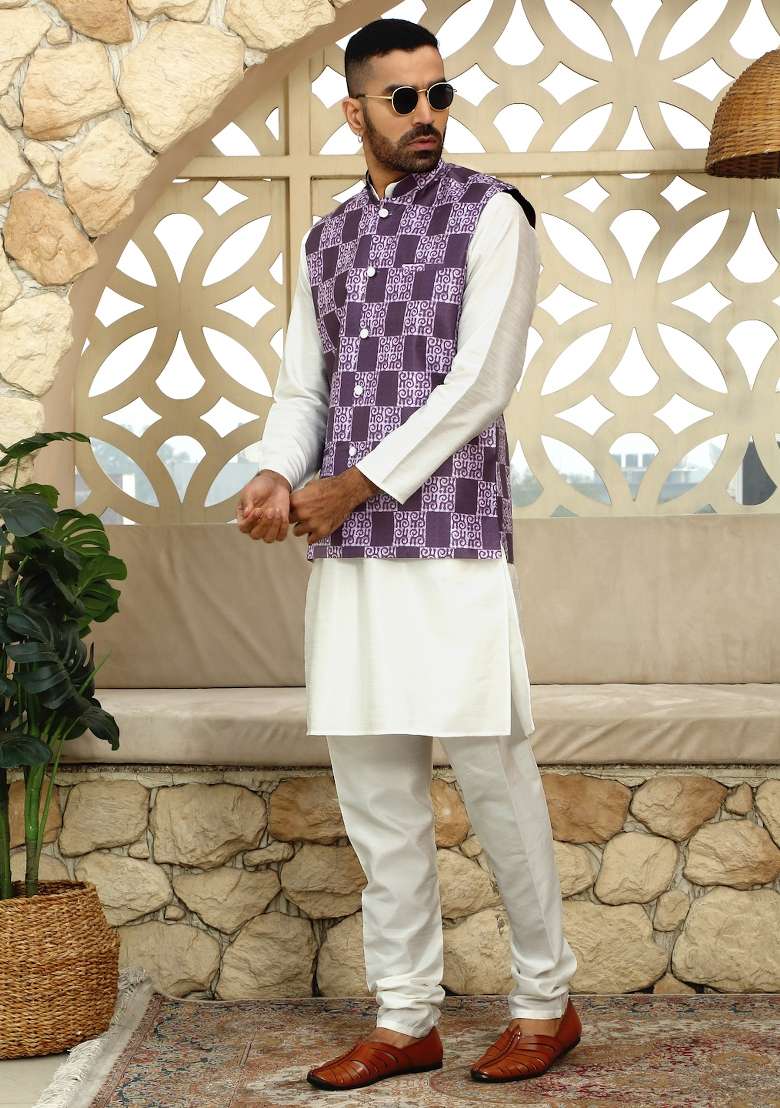Purple Printed Silk Nehru Jacket For Men - Indya