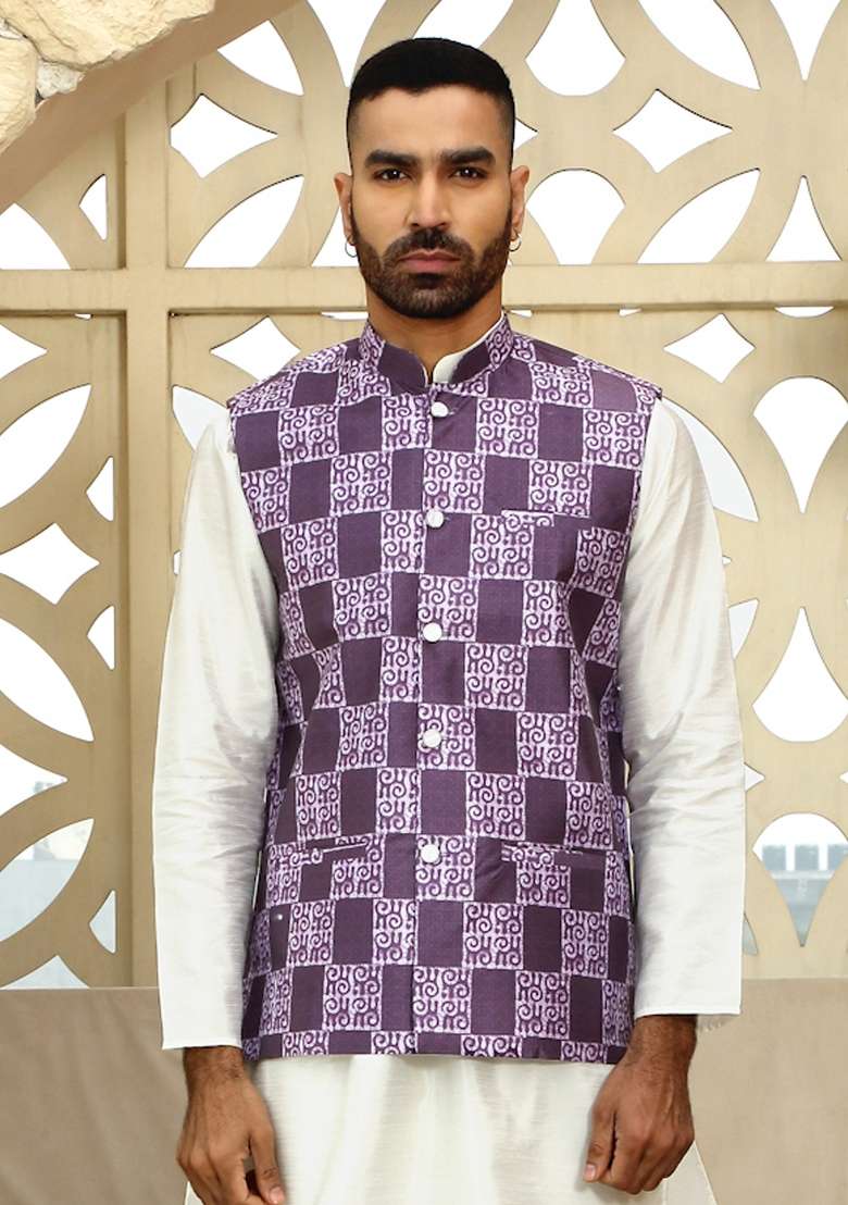 Purple Printed Silk Nehru Jacket For Men - Indya