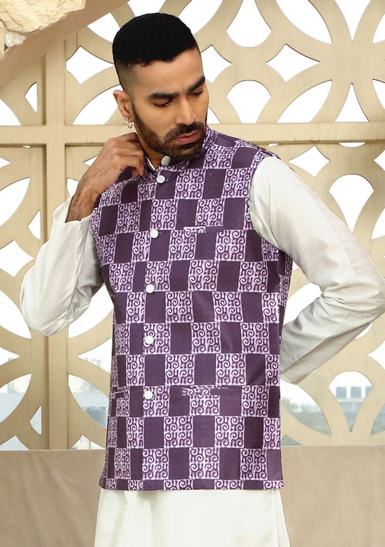 Purple Printed Silk Nehru Jacket For Men - Indya