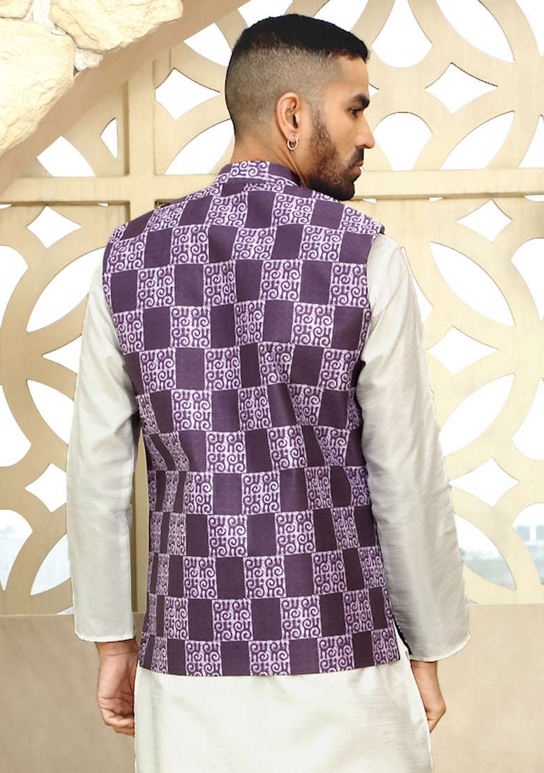 Purple Printed Silk Nehru Jacket For Men - Indya