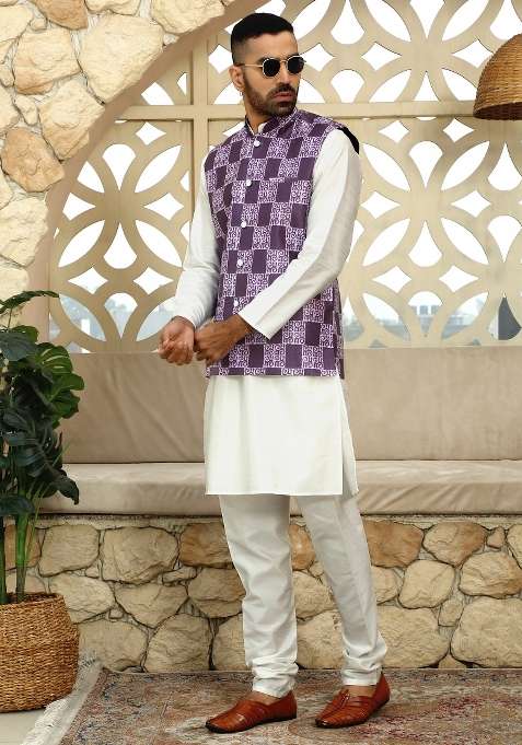 Purple Printed Silk Nehru Jacket For Men