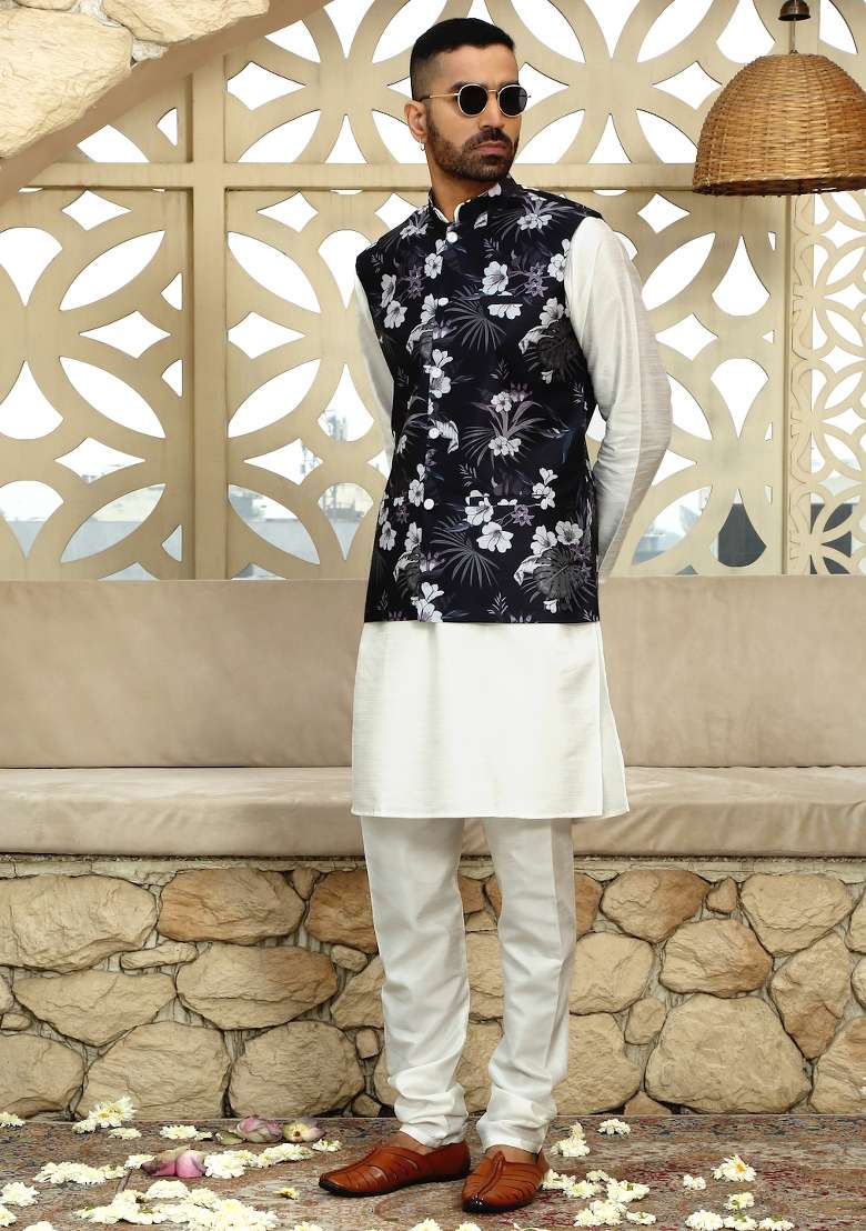 Wine Printed Silk Nehru Jacket For Men - Indya