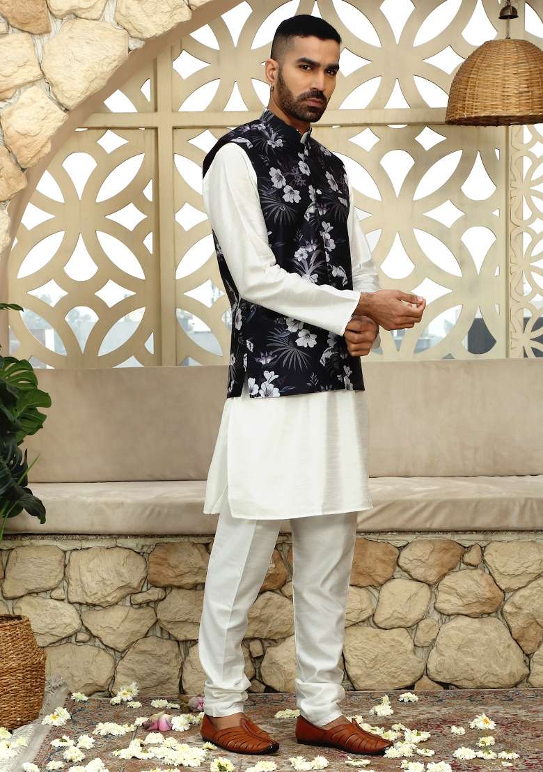 Wine Printed Silk Nehru Jacket For Men - Indya