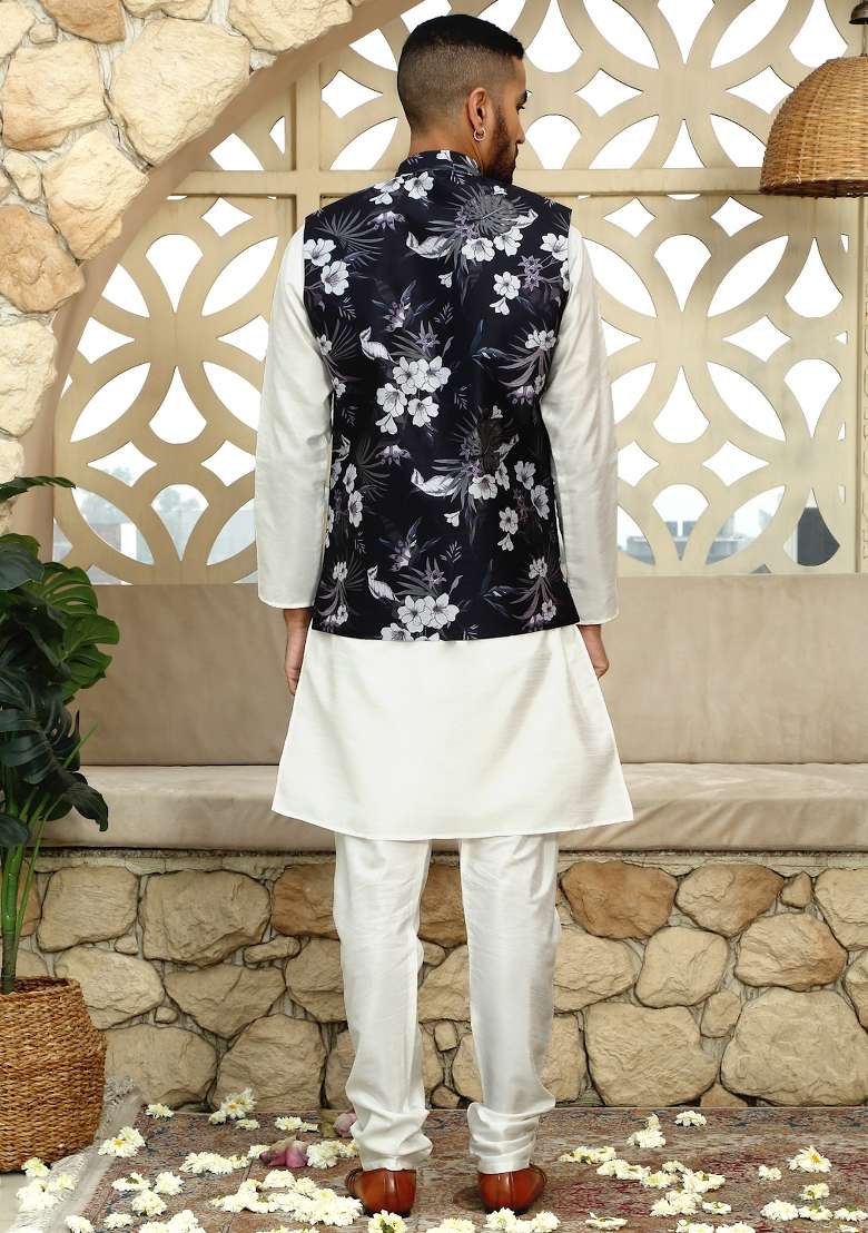 Wine Printed Silk Nehru Jacket For Men - Indya