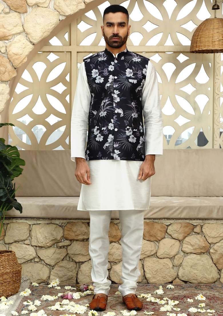 Wine Printed Silk Nehru Jacket For Men - Indya