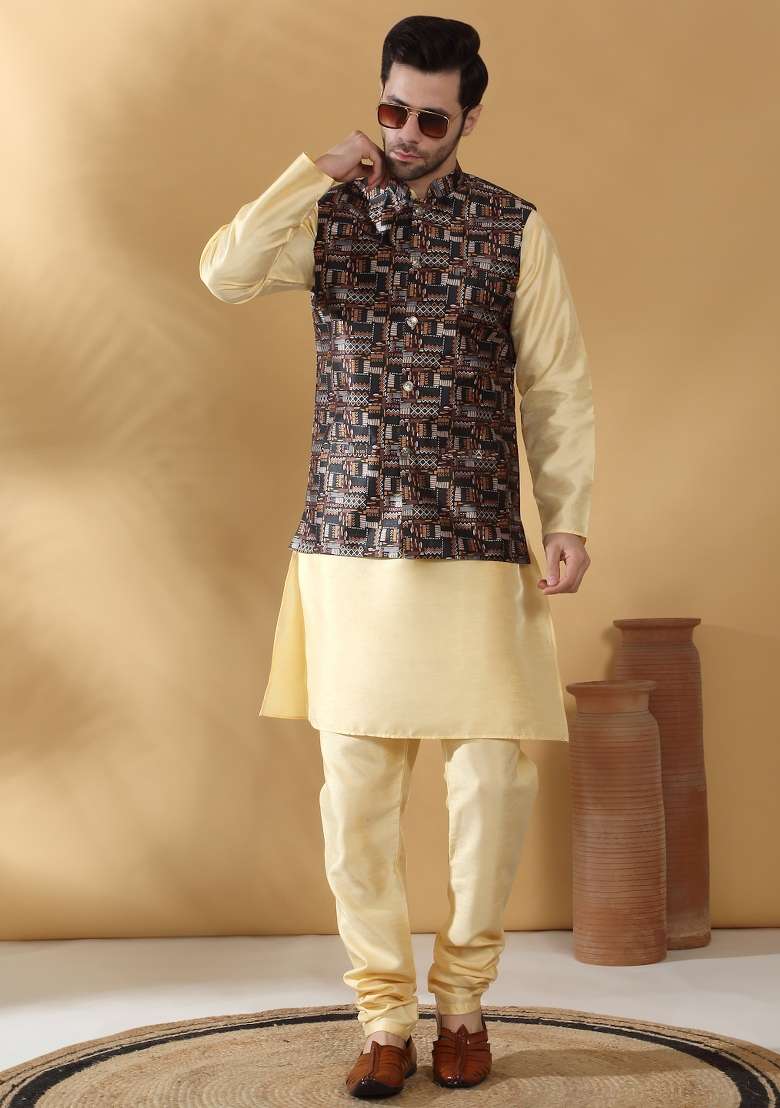 Black Printed Silk Nehru Jacket For Men - Indya