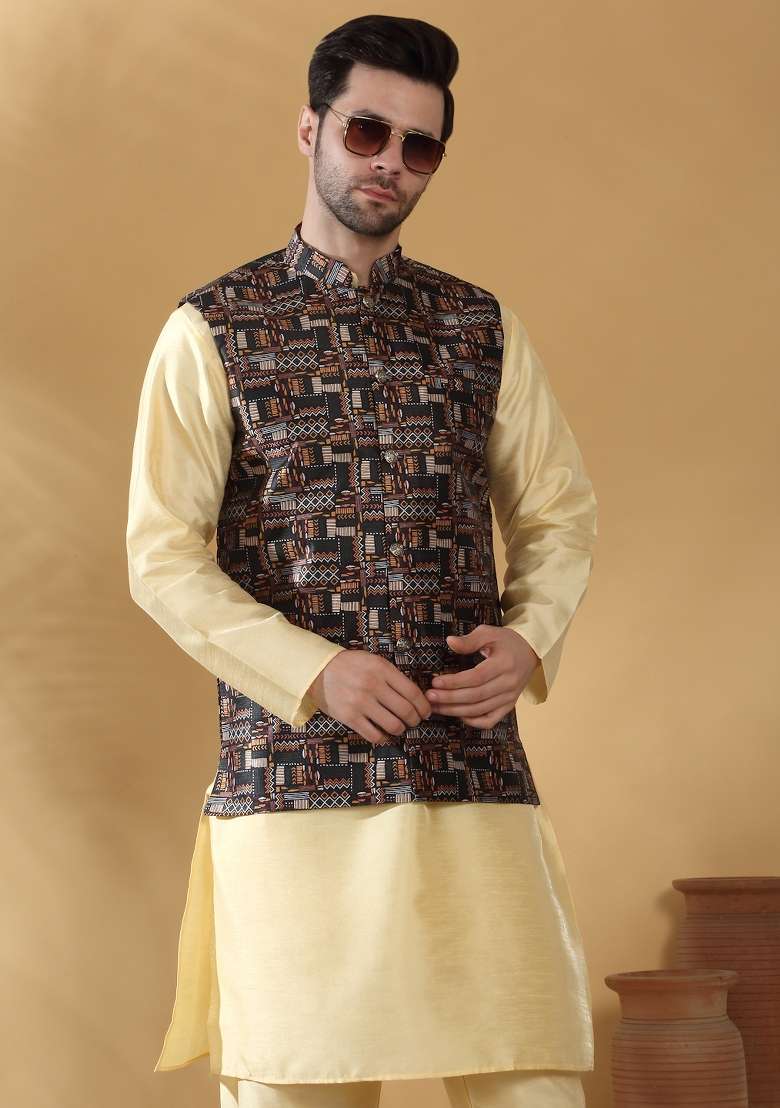 Black Printed Silk Nehru Jacket For Men - Indya