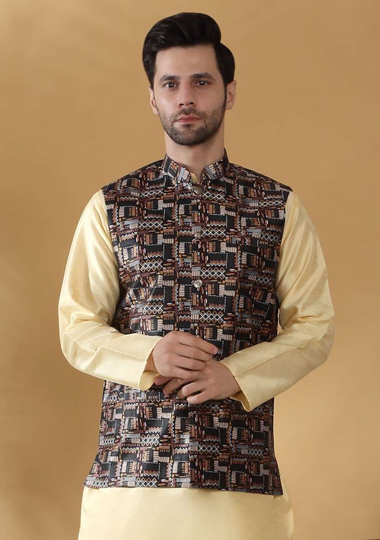 Black Printed Silk Nehru Jacket For Men - Indya
