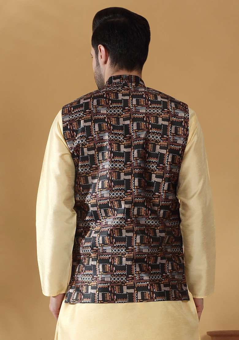 Black Printed Silk Nehru Jacket For Men - Indya
