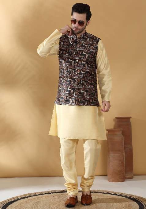 Black Printed Silk Nehru Jacket For Men