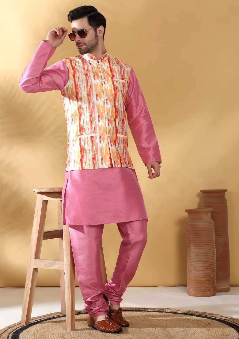 Orange Printed Silk Nehru Jacket For Men - Indya
