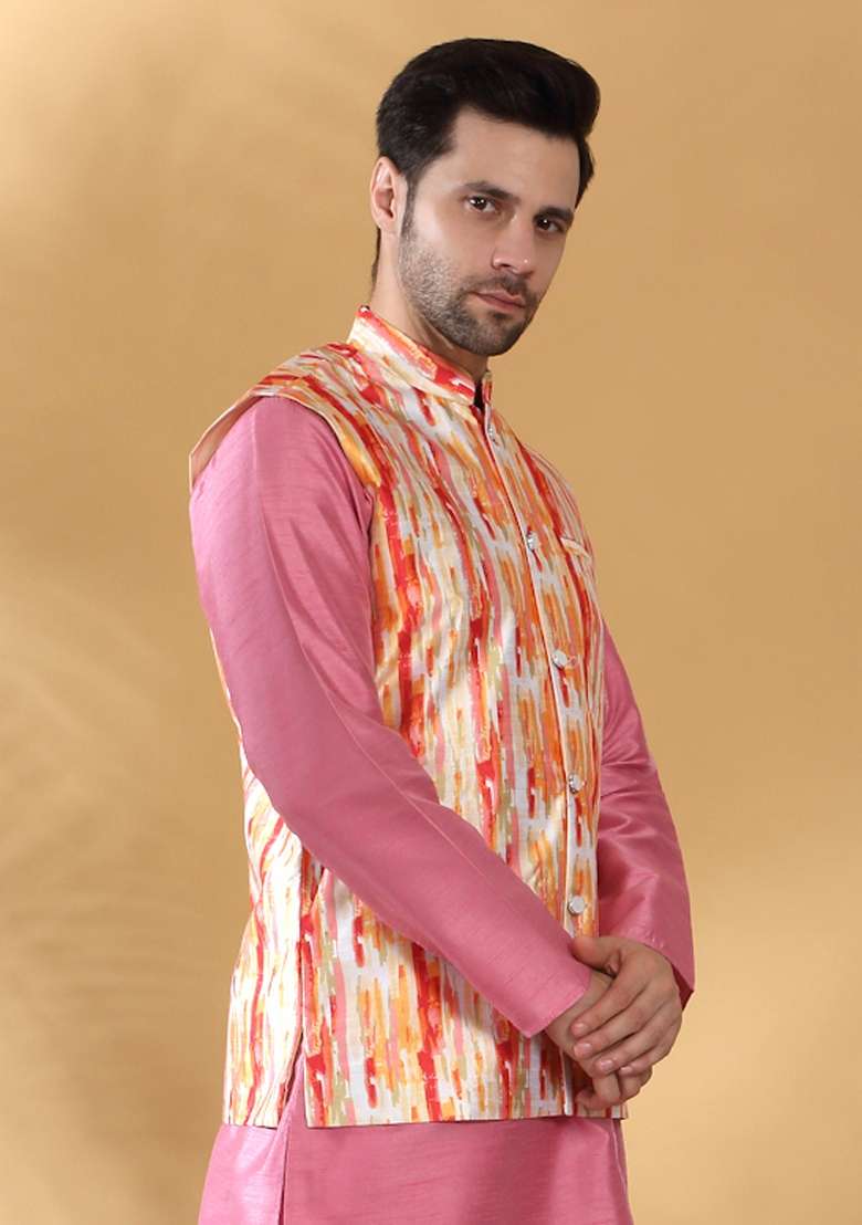 Orange Printed Silk Nehru Jacket For Men - Indya