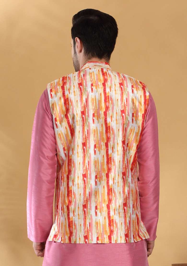 Orange Printed Silk Nehru Jacket For Men - Indya